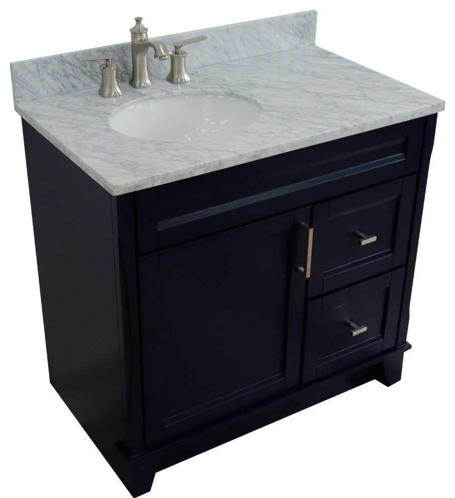 37" Single Sink Vanity, Blue Finish With White Carrara Marble