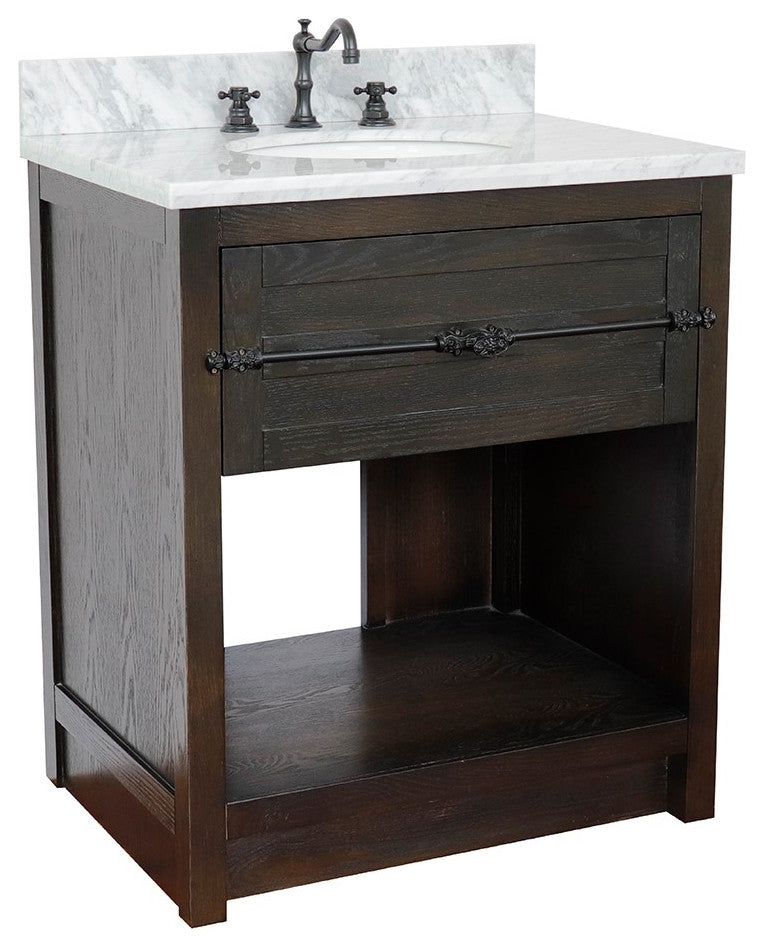 30" Single Vanity, Brown Ash, White Carrara Top, Oval Sink