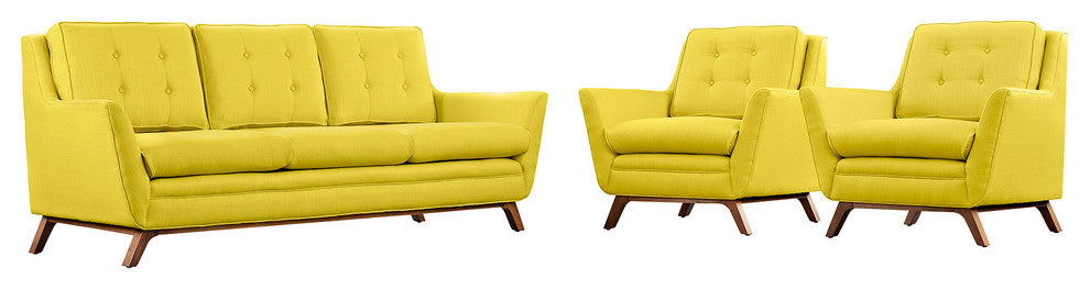 Modway Beguile 3 Piece Upholstered Fabric Living Room Set, Sunny