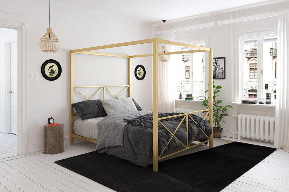 Elegant Full Canopy Bed with Metal Frame and Unique X-Detail Headboard, Gold