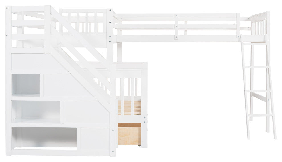 Gewnee Wood Twin over Full L-Shaped Bunk Bed With 3 Drawers in White