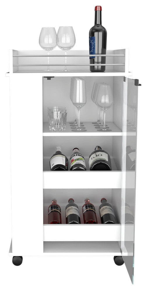 Lusk Bar Cart With Casters, Glass Door, 2 Inner Shelves, and Shelves, White
