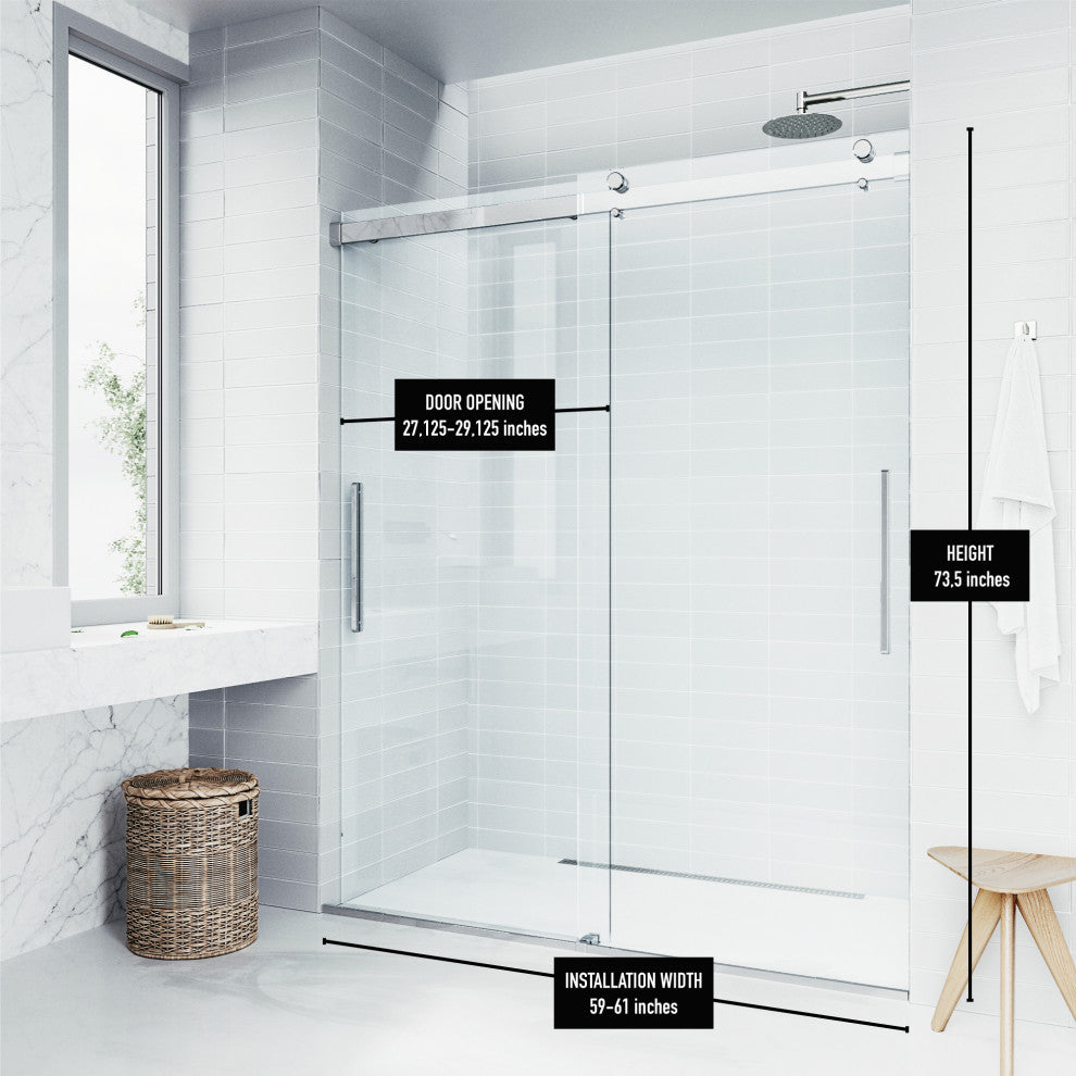 VIGO Caspian 59" to 61" W x 74" H Frameless Sliding Shower Door, Chrome, Clear Glass