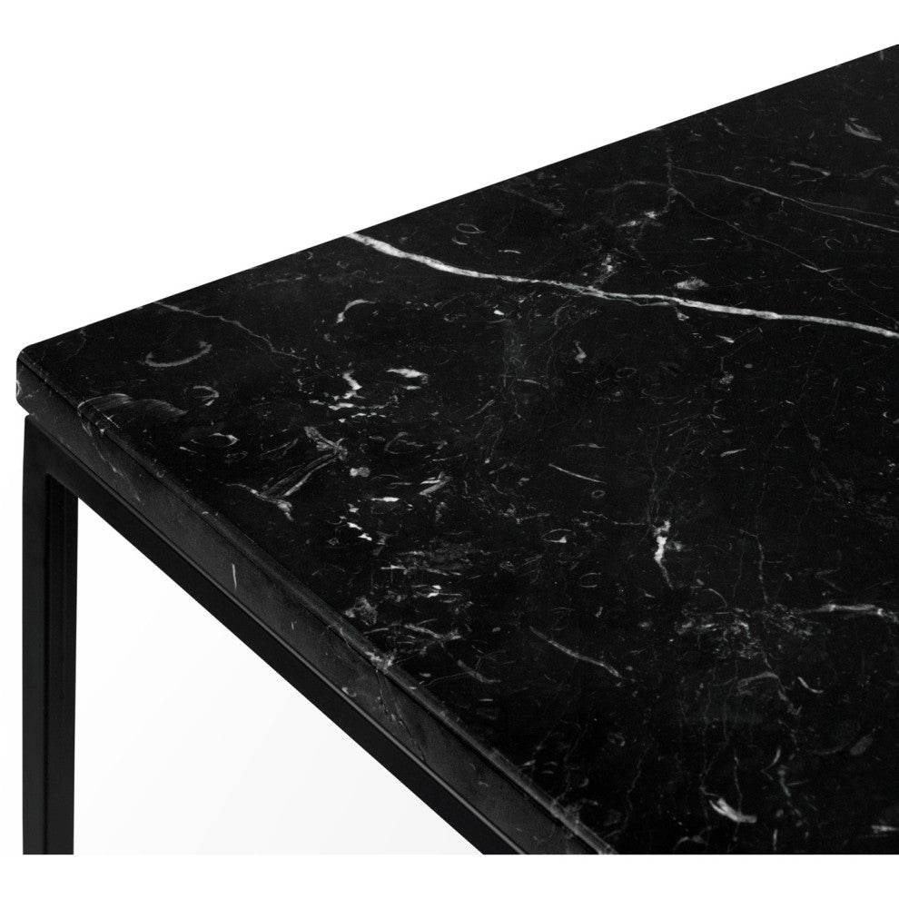 Minimal Modern Cube Marble Top Side Table, Black Marble/Black Base