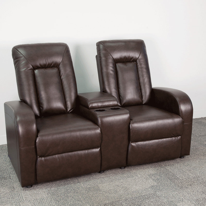 2-Seat Push Button Motorized Reclining Brown Leather Theater Seating