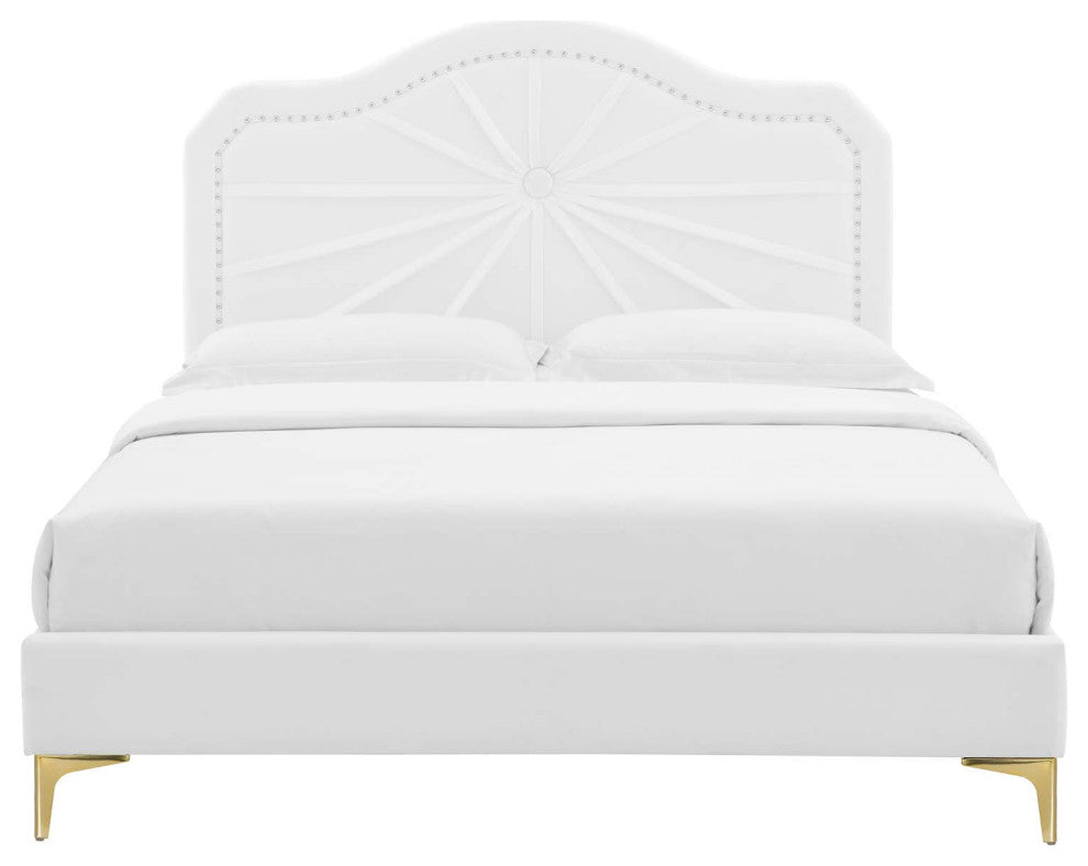 Platform Bed Frame, Full Size, Velvet, White, Modern Contemporary, Bedroom