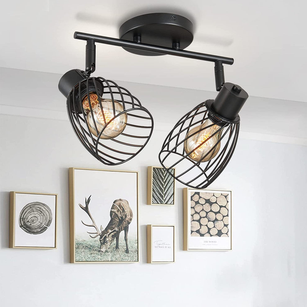 2 Light Semi Flush Mount, Farmhouse, Vintage, Cage, Black
