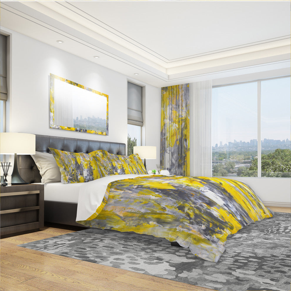 Gray and Yellow Abstract Pattern Modern Duvet Cover Set, King