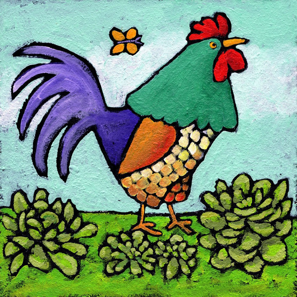 "Rooster and Butterfly" by Janet Nelson Print Wrapped Canvas, 32x32