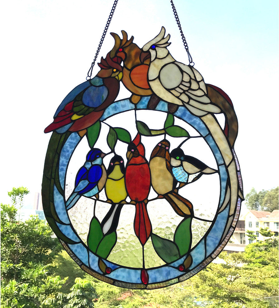 Songbird Tiffany-Glass Featuring Birds Resting On Wire Window Panel 19X25