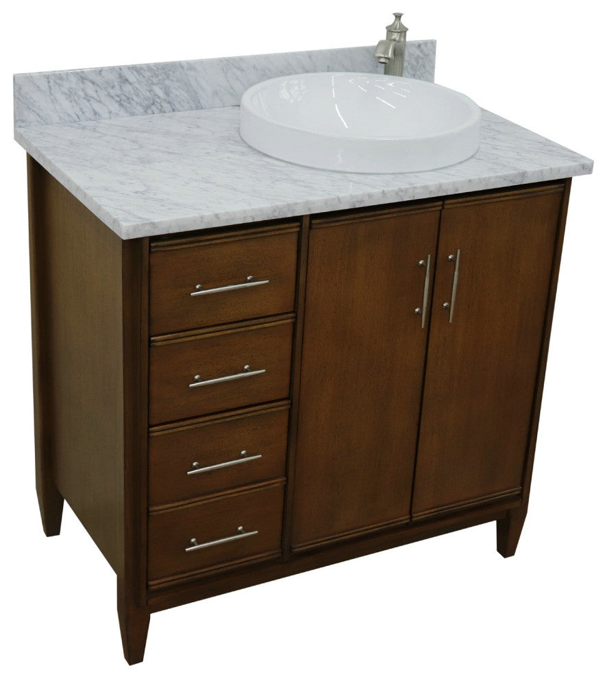 37" Single Vanity, Walnut Finish With White Carrara