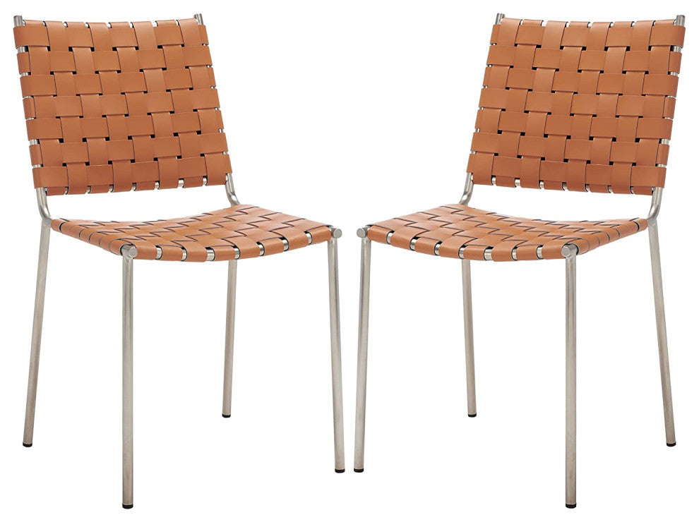 Set of 2 Armless Dining Chair, Metal Base With Woven Leather Upholstered Seat