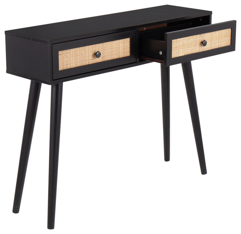 Bora Bora Contemporary Console Table, Black Wood With Rattan Accents