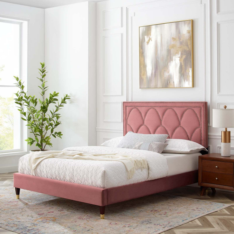 Platform Bed Frame, Nailhead, Queen Size, Pink, Velvet, Modern, Guest Suite