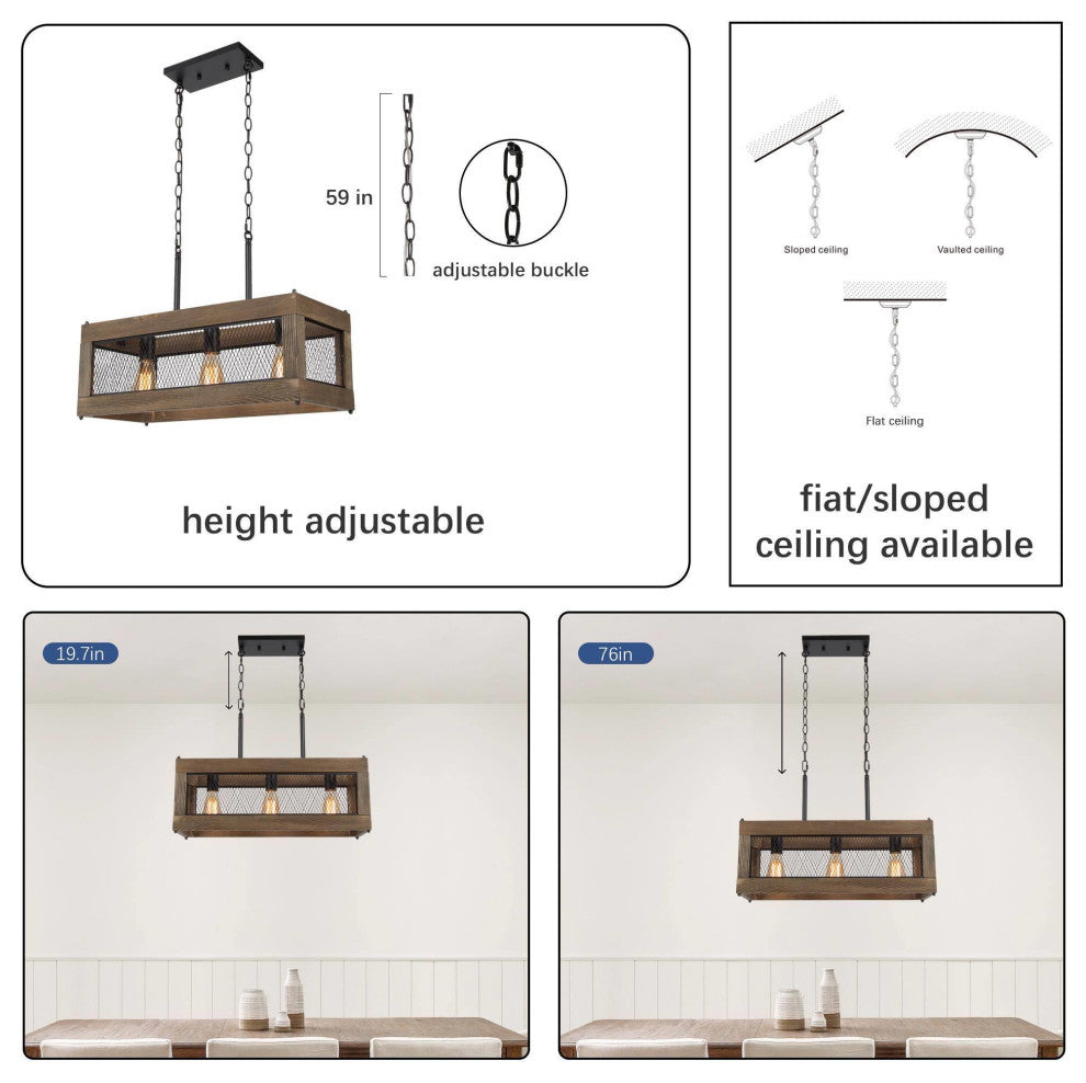 3-Ligths Matte Black Farmhouse Linear LED Kitchen Island Wooden Chandeliers