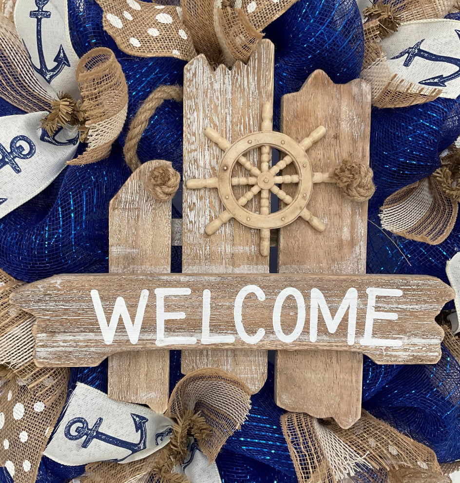 Nautical Captains Wheel Welcome Wreath Handmade Deco Mesh
