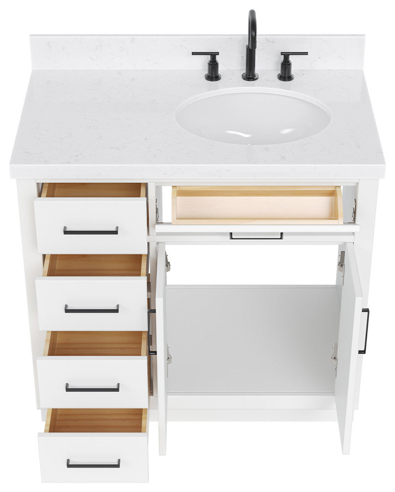 Ariel Hepburn 36" Right Offset Single Oval Sink Vanity, Carrara Quartz