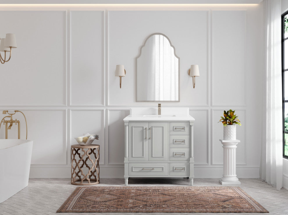 Aberdeen 36 Center Sink Bath Vanity in Coventry Gray 1.5" White Quartz
