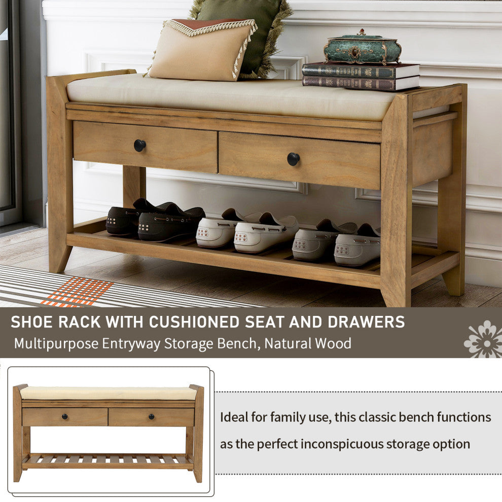 TATEUS 39" Entryway Storage Bench With Shoe Rack and Cushioned Seat, Old Pine