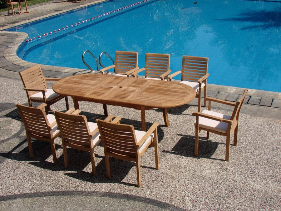 9-Piece Outdoor Teak Dining Set: 94" Oval Extn Table, 8 Hari Stacking Arm Chairs