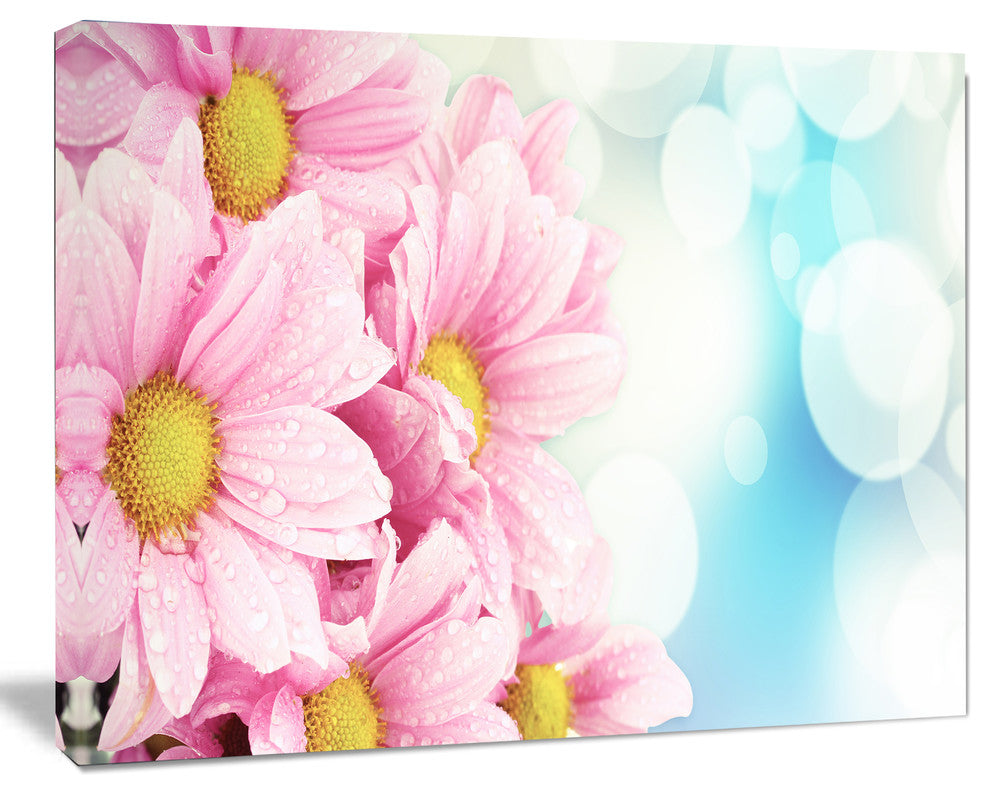 Pink Flowers Bouquet on Blue, Large Floral Canvas Artwork, 20"x12"