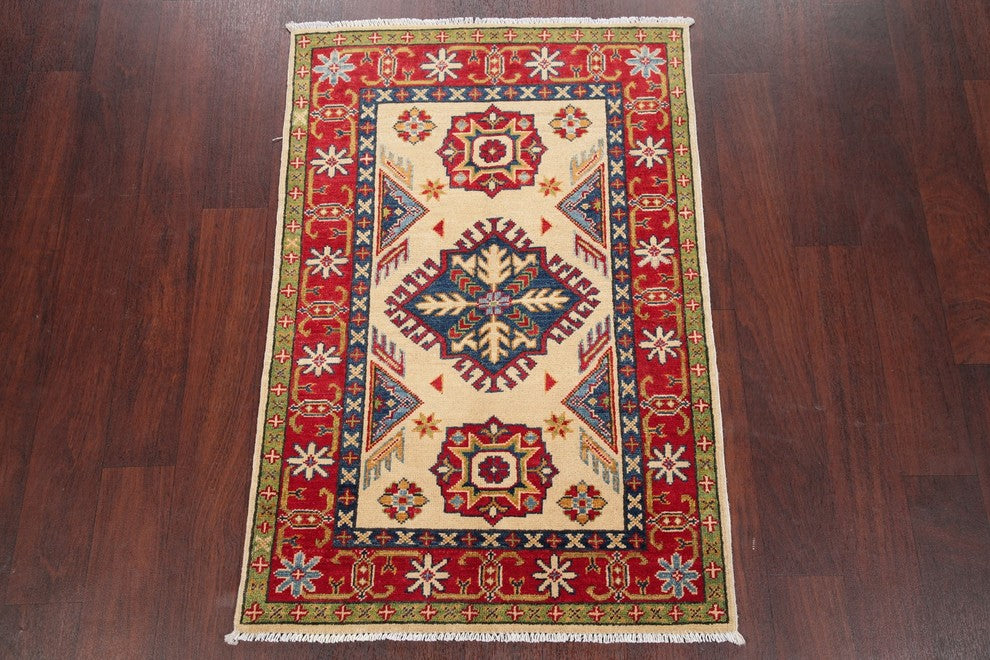 Traditional Hand-Knotted Oriental Pakistani Kazak Area Rug, Beige, 4'0"X2'8"
