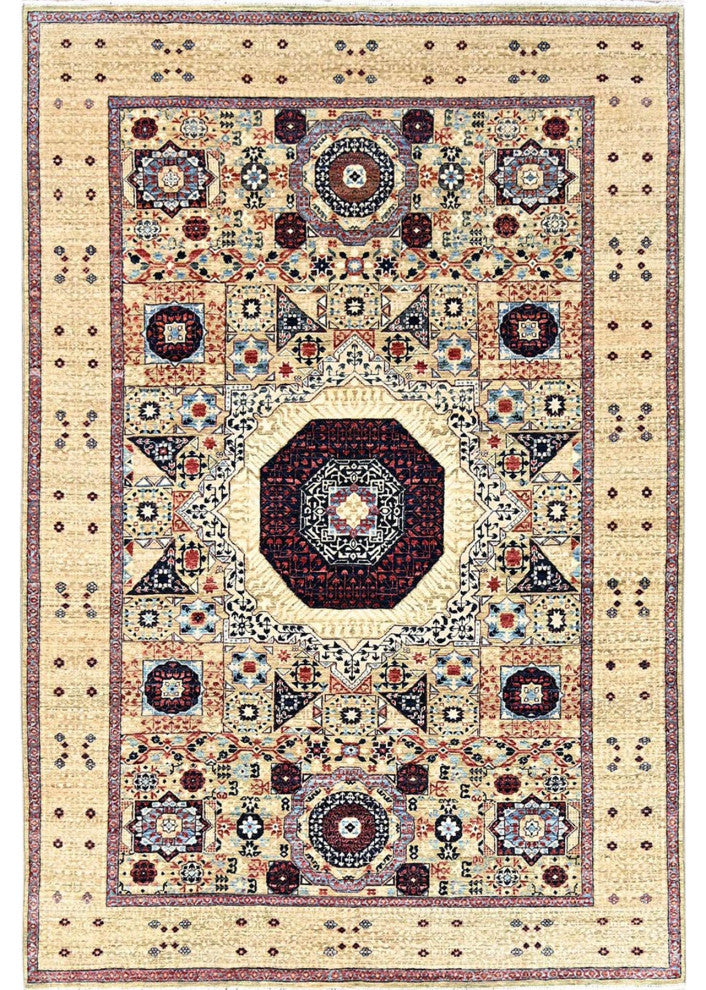 Flax Yellow, Extra Soft Wool, Hand Knotted, Mamluk Design Rug, 5'10"x8'10"