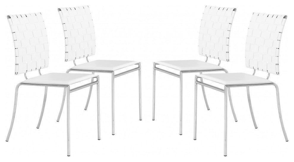 Set of Four White Faux Leather and Steel Modern Basket Weave Dining Chairs