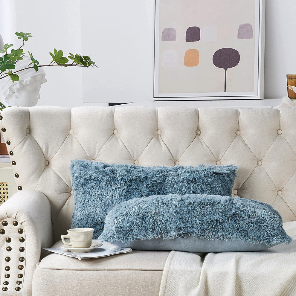 Shaggy Faux Fur Pillow Cover, Silver Blue, Set of 2, 14"x26"