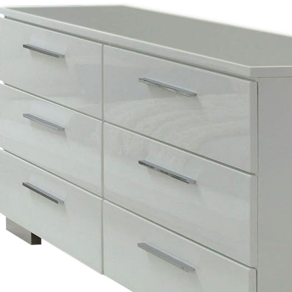 Benzara BM203174 Wooden Dresser With 6 Drawers/Bar Pull H&les, White/Silver