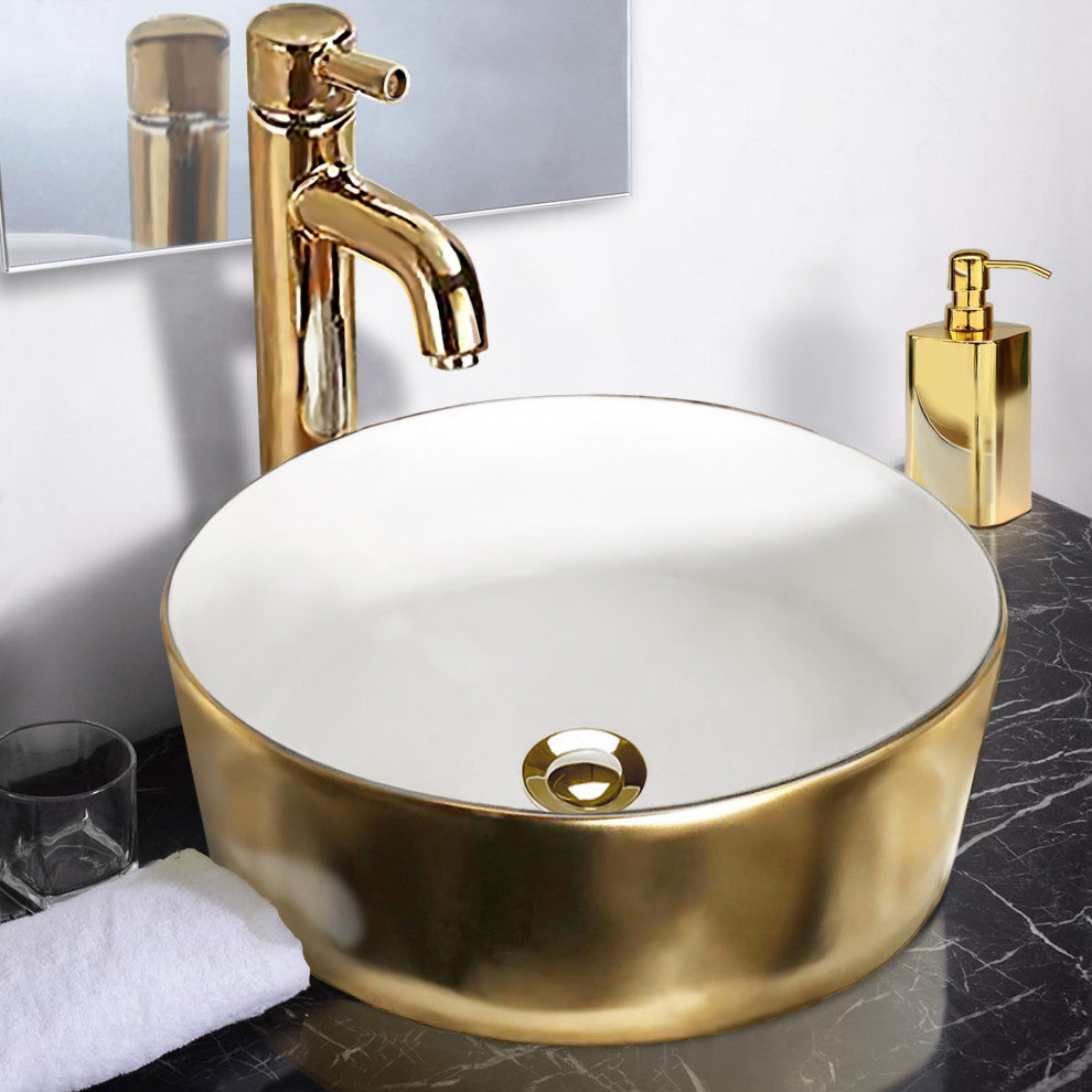 White and Gold Round Vessel Sink 15-3/4"