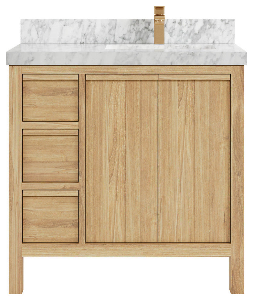 Elizabeth 36 Right Offset Bath Vanity in Light Natural Teak 2" Carrara Marble