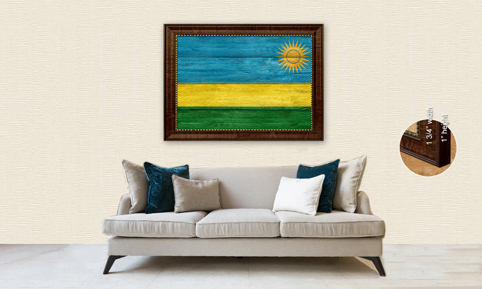 Rwanda Country Textured Flag Print With Brown Gold Frame, 15"X21"