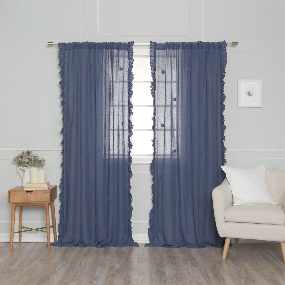 Sheer Side Ruffle French Linen Curtain, Indigo