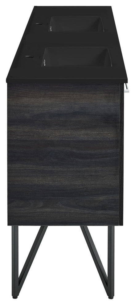 Annecy 60" Black Walnut, Double Basin Bathroom Vanity With Black Sink Top