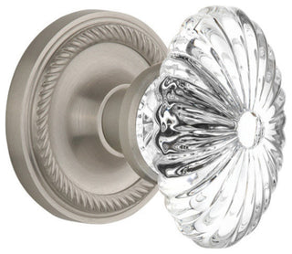Double Rope Rosette With Oval Fluted Crystal Knob, Satin Nickel