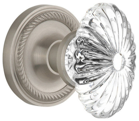Double Rope Rosette With Oval Fluted Crystal Knob, Satin Nickel