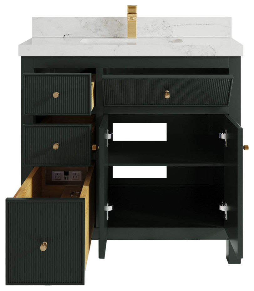 Sonoma 36 Center Sink Reeded Bath Vanity in Dark Forest Green 2" Calacatta Nuvo