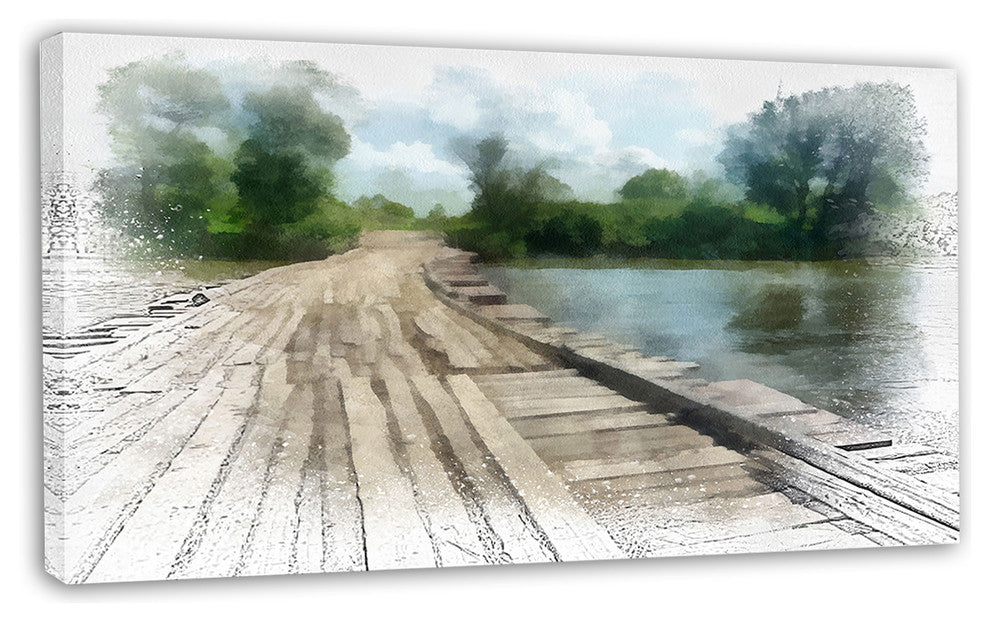 Bridge over Waterfall in Forest, Large Landscape Canvas Art, 32"x16"
