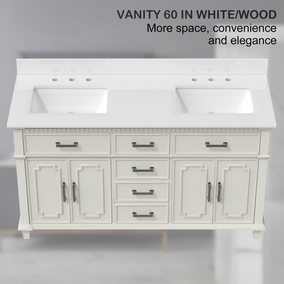 60''Wood Bathroom Vanity Set, With Drawers, Marble Top And Undermount Sink, White