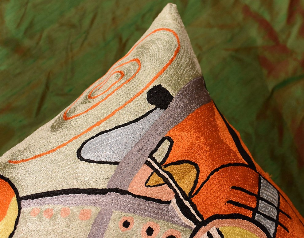 Kandinsky Symphony III Orange Pillow Cover Handembroidered Art Silk 18x18"