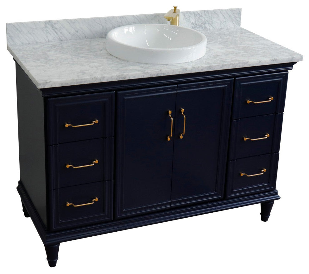 49" Single Sink Vanity, Blue Finish With White Carrara Marble and Round Sink