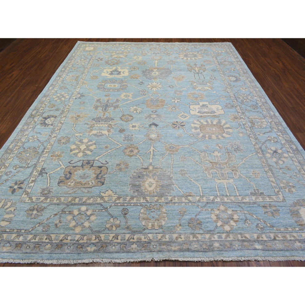 Light Blue Soft and Shiny Wool Hand Knotted Afghan Angora Oushak Rug, 9'2"x12'
