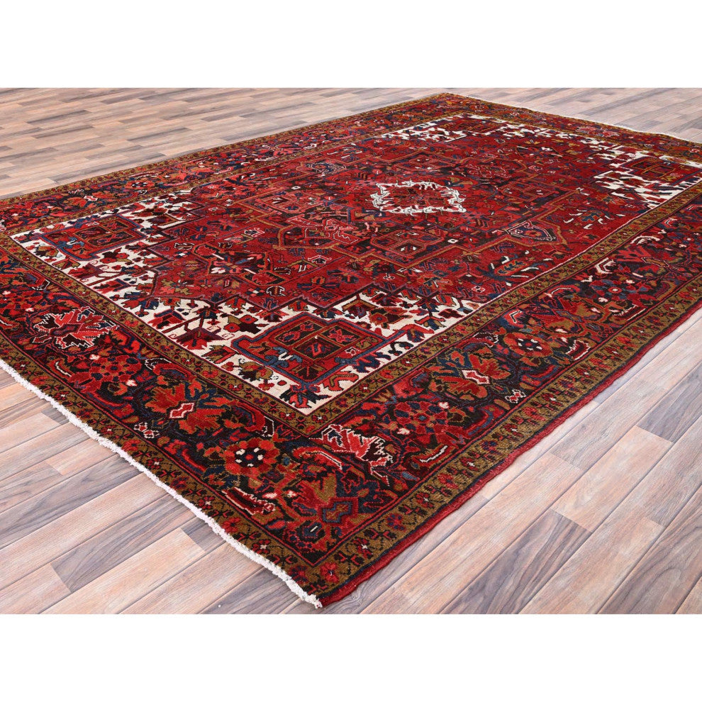 Barn Red Pure Wool Hand Knotted Vintage Persian Heriz Oriental Rug 8'2"x11'10"