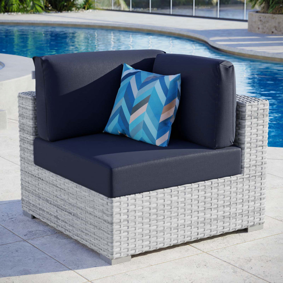 Lounge Chair, Rattan, Wicker, Gray Blue Navy, Modern, Outdoor Patio Cafe