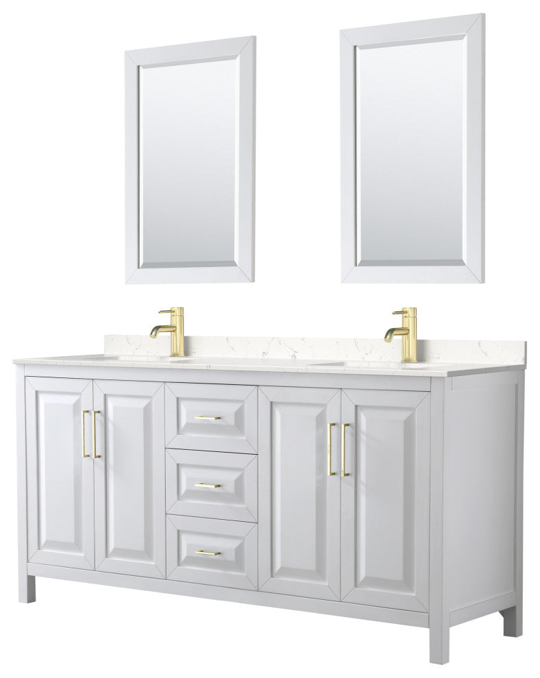 72"DBL Vanity White, Light-Vein Carrara Cult. Top, Sinks, 24"Mirrors, Gold Trim