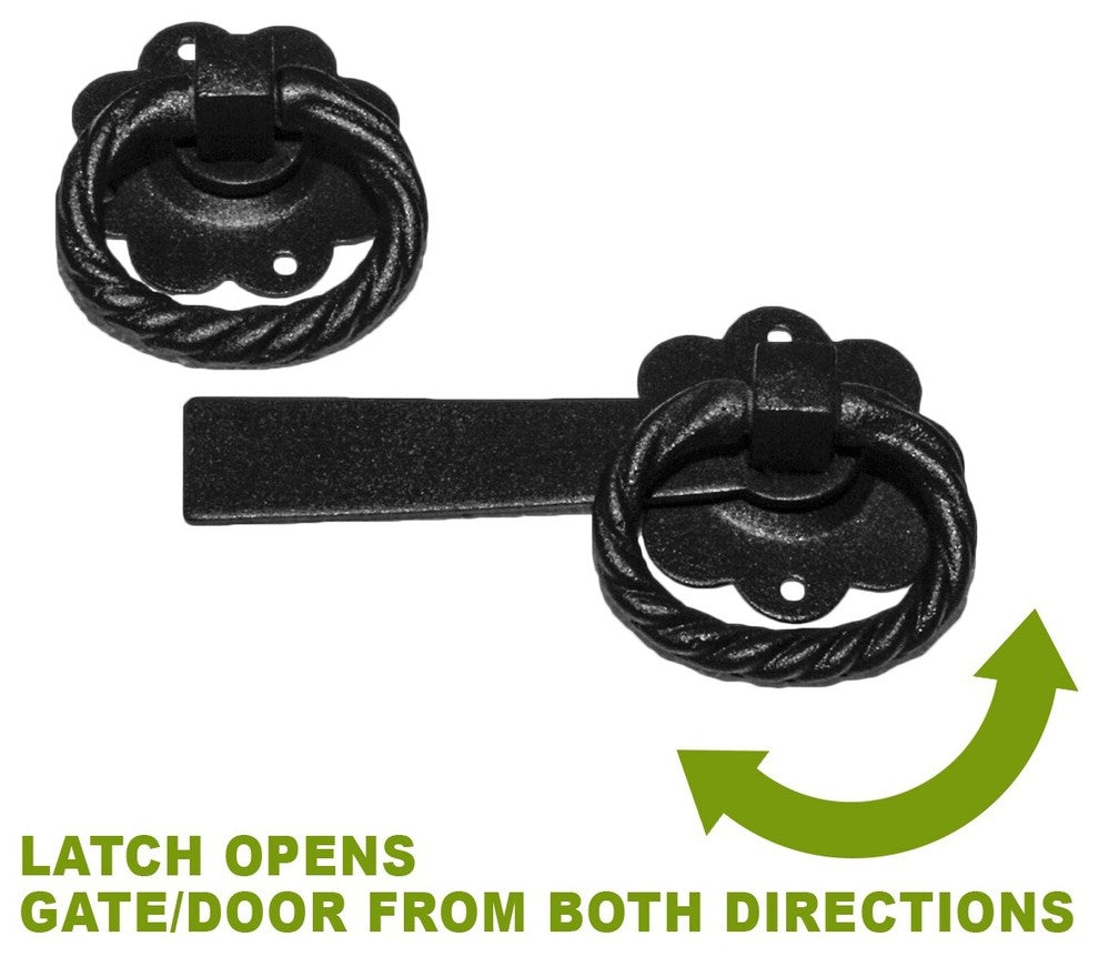 Renovators Supply Door Lock Latch 6 in Black Wrought Iron Floral Ring Gate Latch
