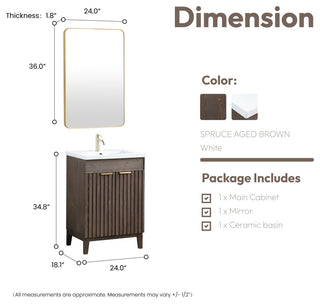 Palos Bathroom Vanity, Spruce Aged Brown, 24", Ceramic Top, With Mirror