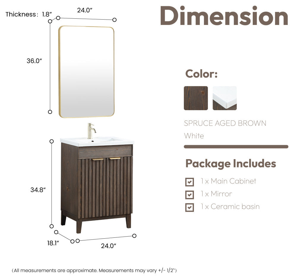 Palos Bathroom Vanity, Spruce Aged Brown, 24", Ceramic Top, With Mirror
