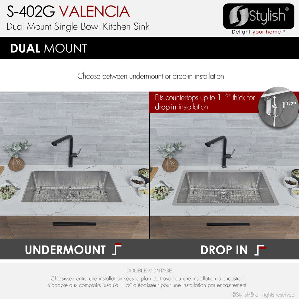 STYLISH Dual-Mount 31" Stainless Steel Single-Bowl Kitchen Sink